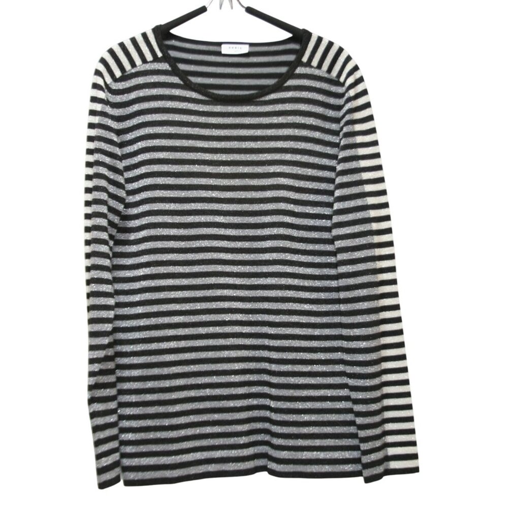 Akris Punto Sweater Womens 10 Silver Black Stripe Wool‎ Blend Designer Luxury